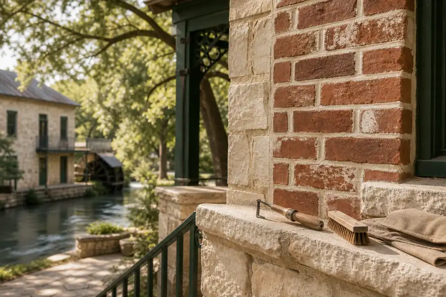 Brick and mortar repair scene with masonry tools and warm Hill Country materials
